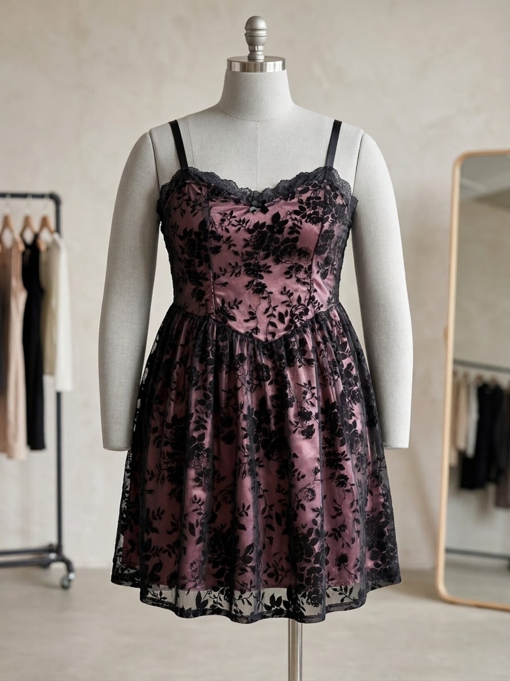 SHEIN Plum Satin Slip Dress with Black Floral Lace